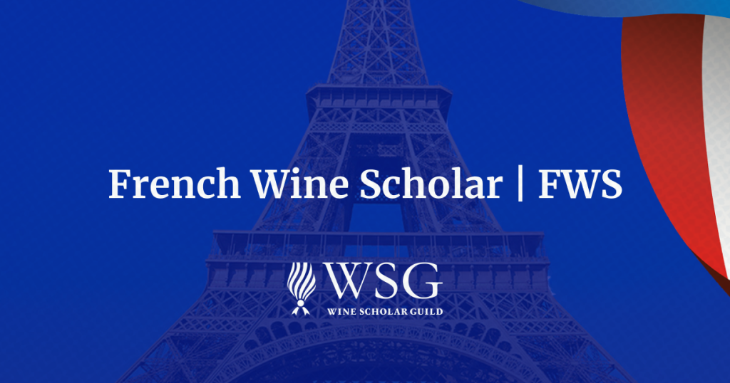 O Gemini disse Esta é uma imagem promocional para o programa de certificação French Wine Scholar (FWS), oferecido pelo Wine Scholar Guild (WSG). O design apresenta um fundo azul texturizado com a silhueta em marca d'água da Torre Eiffel, complementado no canto superior direito por uma representação estilizada da bandeira francesa. No centro da imagem, o texto em destaque diz "French Wine Scholar | FWS" em fonte branca e nítida. Abaixo desse texto, encontra-se o logotipo oficial do Wine Scholar Guild (WSG), que inclui um ícone de chama e o nome da organização.