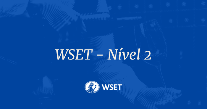 Banner em tons de azul com fundo texturizado em estilo gravura, mostrando uma pessoa servindo vinho em uma taça. No centro, o texto em branco destaca: "WSET – Nível 2". Na parte inferior, centralizado, aparece o logotipo circular da WSET (Wine & Spirit Education Trust).